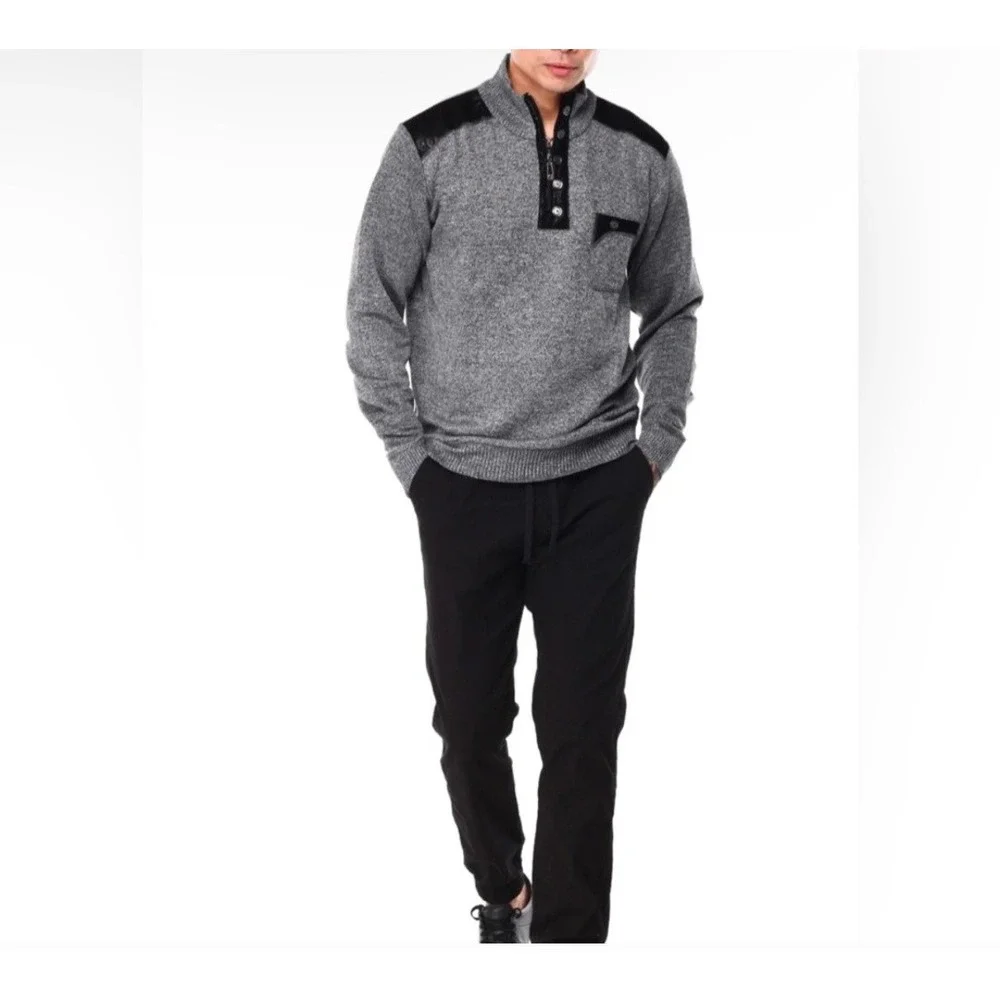 Silver Needle Sweater Mens XL 1/4 Zip Pullover High Neck Gray W/ Brown Accents‎